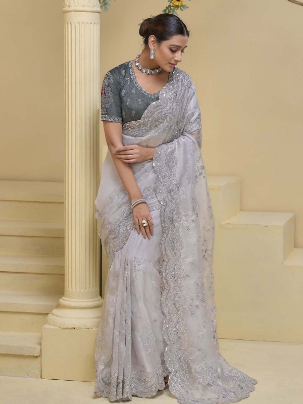 Silver White Pure Soft Silk Saree